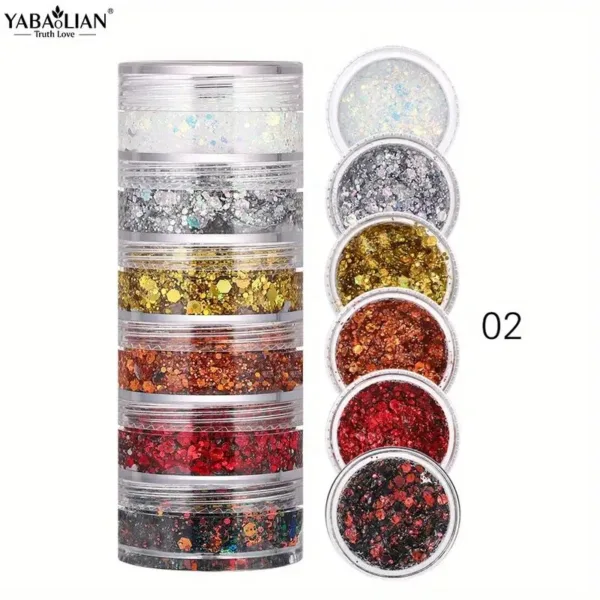 Stack of six jars of colorful glitter.