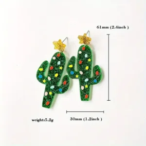 Green glitter cactus Christmas earrings.