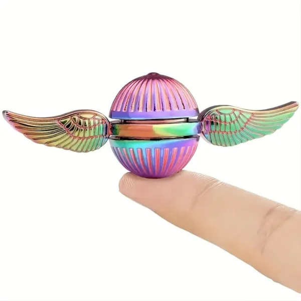 Rainbow iridescent spinning top with wings.