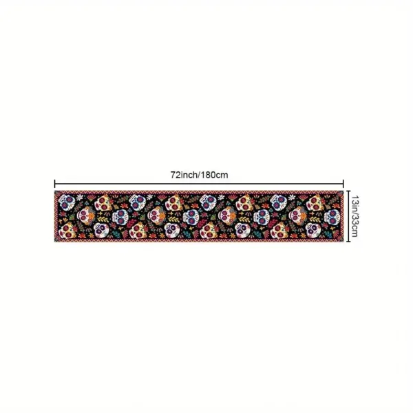 Black table runner with colorful sugar skulls.