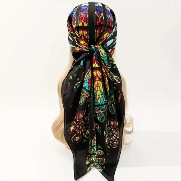 Black silk scarf with stained glass design.