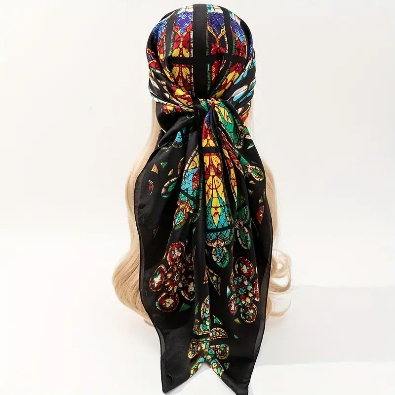 Black silk scarf with stained glass design.