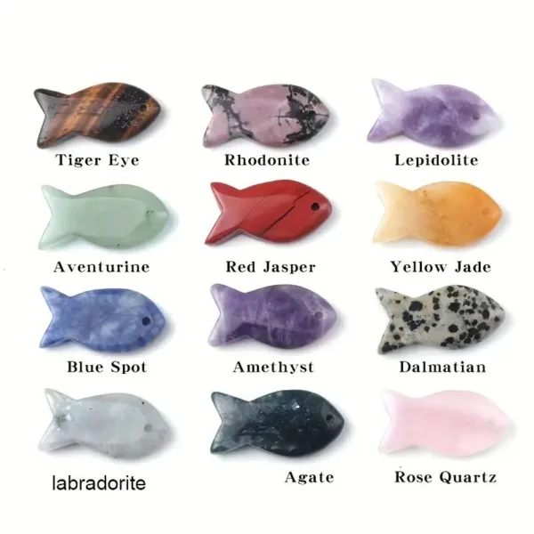 Twelve gemstone fish pendants.