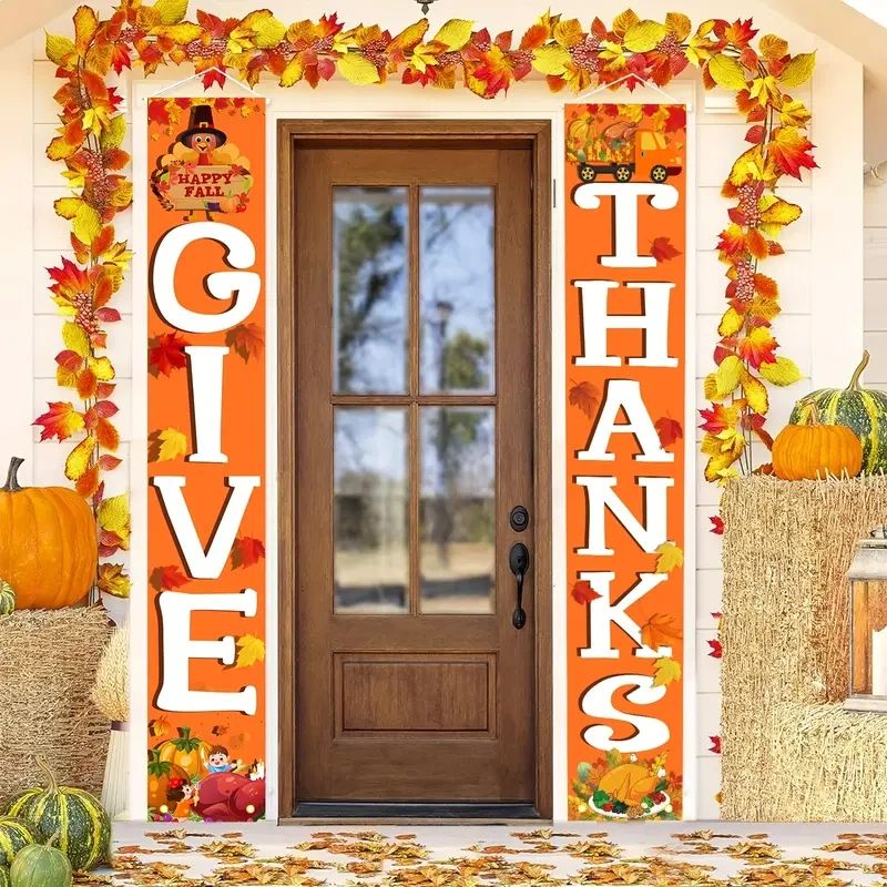 Fall door decor with "give" and "thanks" banners.