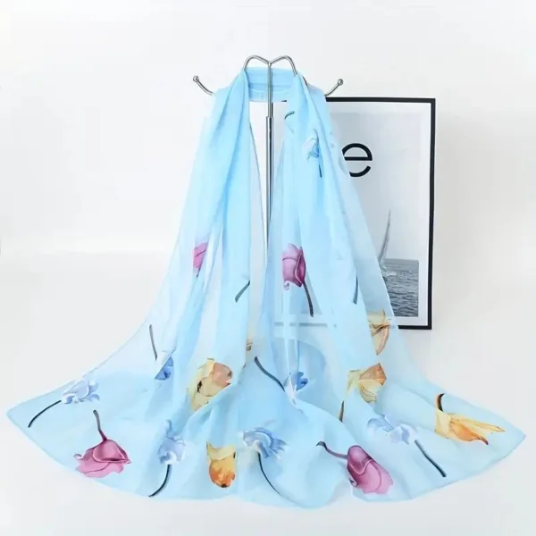 Light blue floral chiffon scarf.