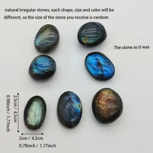 Seven natural labradorite tumbled stones.