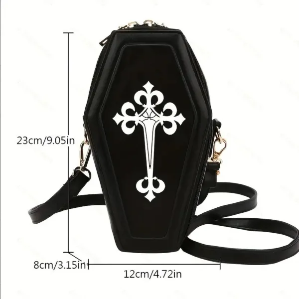 Black coffin-shaped crossbody bag with cross