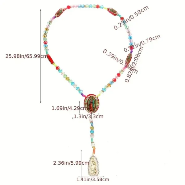 Colorful crystal rosary with Virgin Mary charms.