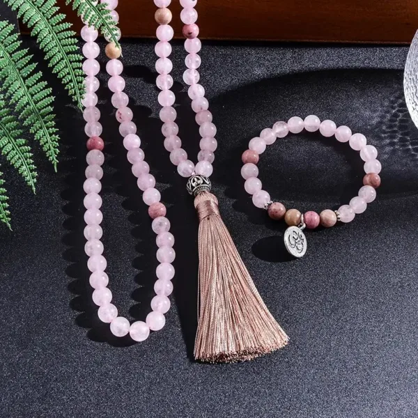 Pink quartz mala with tassel and bracelet.