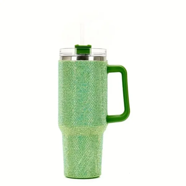 Green glitter tumbler with lid and straw.