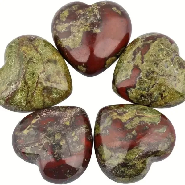 Five red and green heart shaped stones.