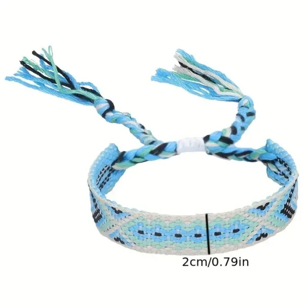 Blue and white woven friendship bracelet.