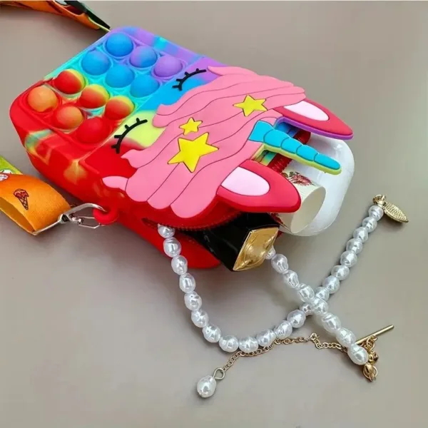 Rainbow unicorn pop it purse with chain.