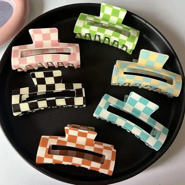 Checkered hair clips in various colors.