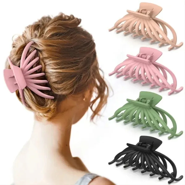 Woman with pink claw hair clip.