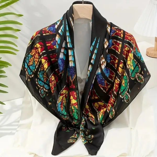 Black silk scarf with colorful stained glass pattern.