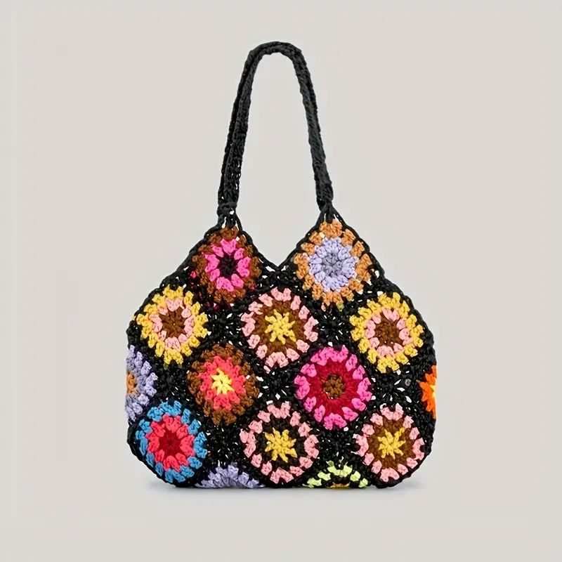 Black crochet bag with colorful squares.