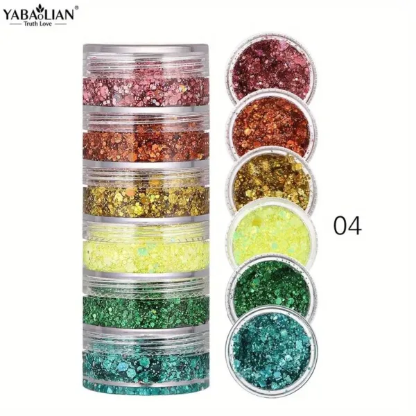 Six jars of colorful glitter for crafts.