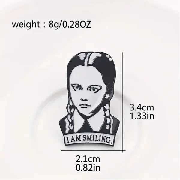 Black and white enamel pin of Wednesday Addams