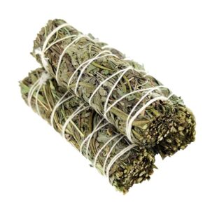 Two bundles of green herbal smudge sticks.