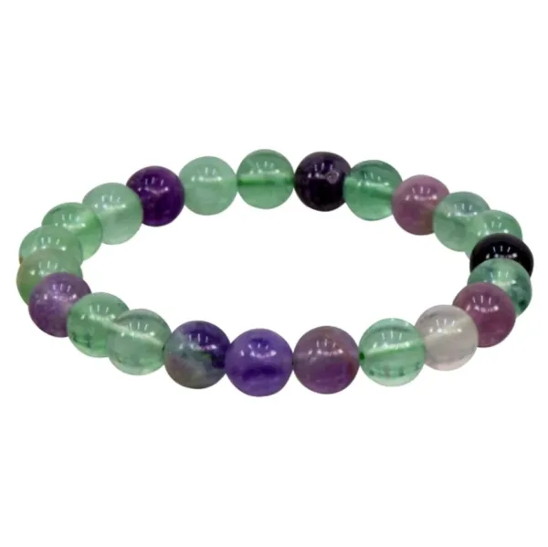 Green and purple gemstone beaded bracelet.