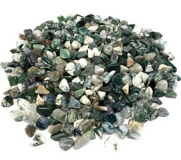 Pile of green and white moss agate stones.