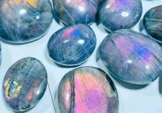 Smooth, iridescent labradorite tumbled stones.