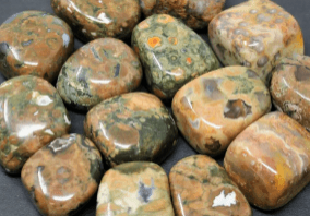 Leopard skin jasper tumbled stones.